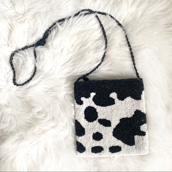Vintage Handbags - Vintage Beaded Cow Print Mini Crossbody Purse
